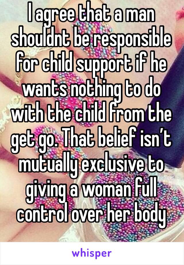 I agree that a man shouldnt be responsible for child support if he wants nothing to do with the child from the get go. That belief isn’t mutually exclusive to giving a woman full control over her body