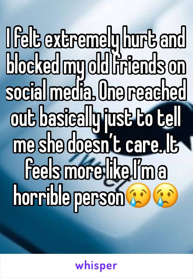 I felt extremely hurt and blocked my old friends on social media. One reached out basically just to tell me she doesn’t care. It feels more like I’m a horrible person😢😢