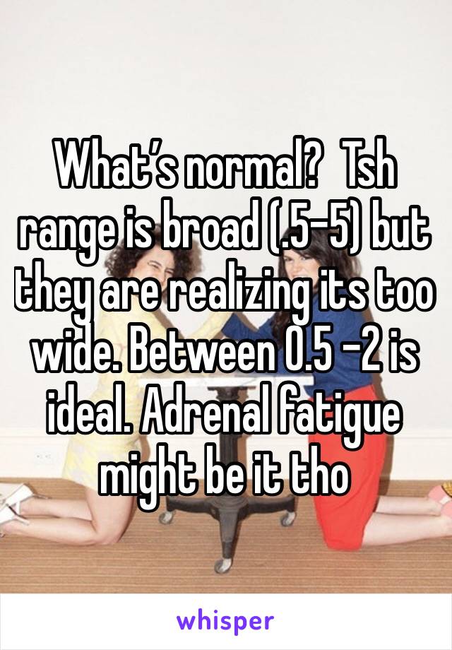 What’s normal?  Tsh range is broad (.5-5) but they are realizing its too wide. Between 0.5 -2 is ideal. Adrenal fatigue might be it tho