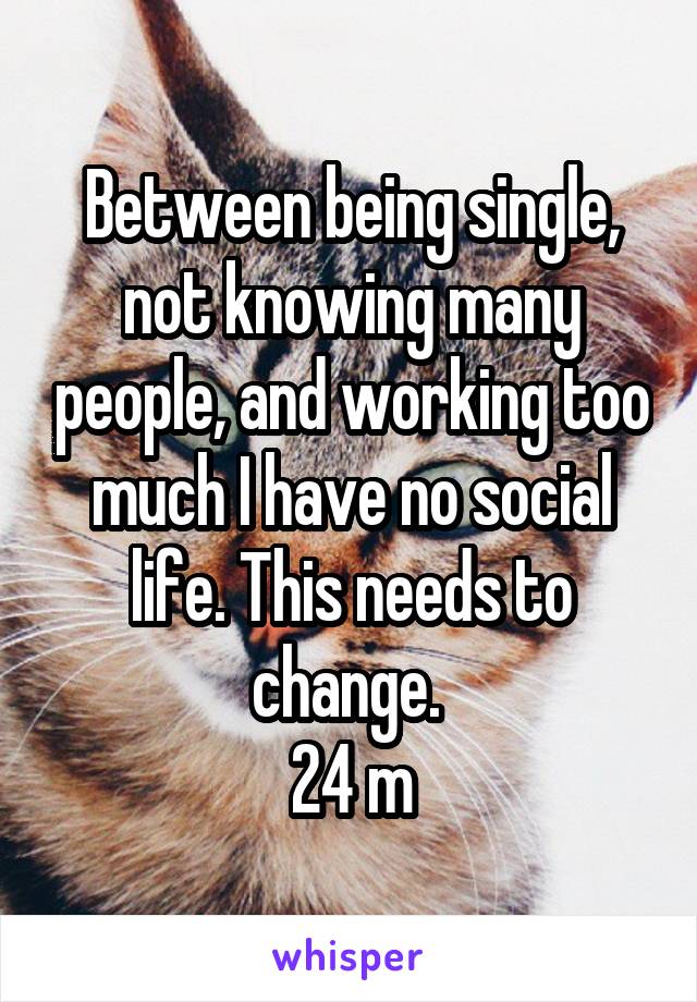 Between being single, not knowing many people, and working too much I have no social life. This needs to change. 
24 m