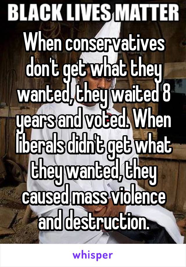 When conservatives don't get what they wanted, they waited 8 years and voted. When liberals didn't get what they wanted, they caused mass violence and destruction.