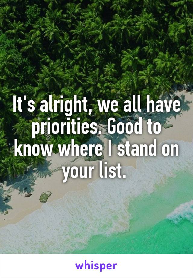 It's alright, we all have priorities. Good to know where I stand on your list. 