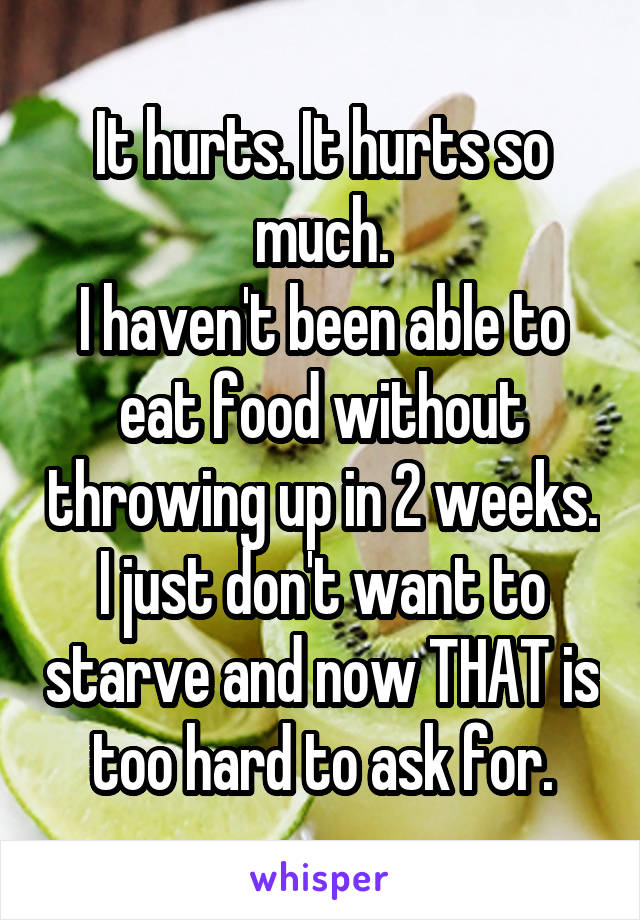 It hurts. It hurts so much.
I haven't been able to eat food without throwing up in 2 weeks.
I just don't want to starve and now THAT is too hard to ask for.