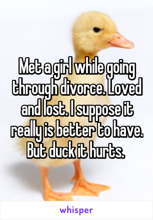 Met a girl while going through divorce. Loved and lost. I suppose it really is better to have. But duck it hurts. 