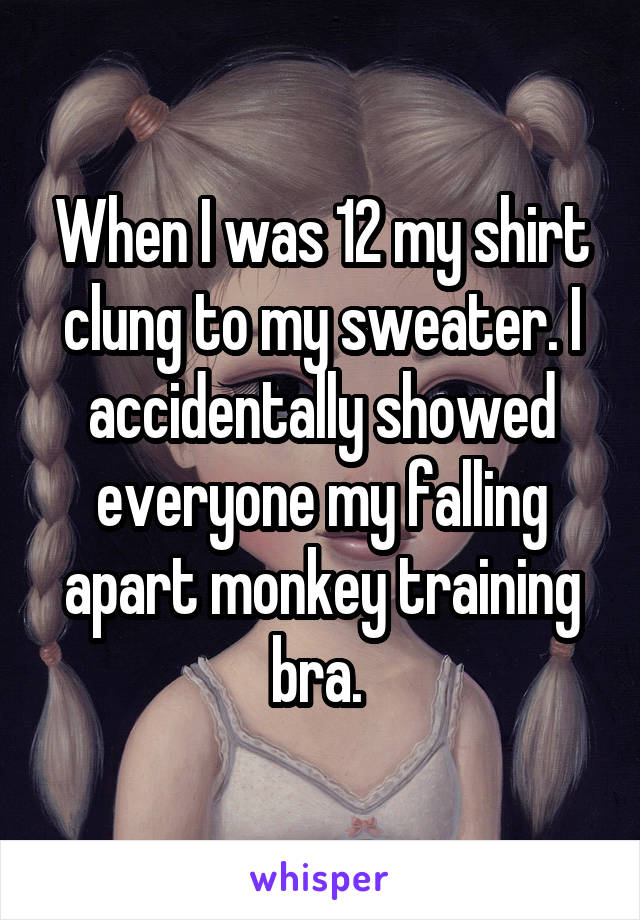 When I was 12 my shirt clung to my sweater. I accidentally showed everyone my falling apart monkey training bra. 