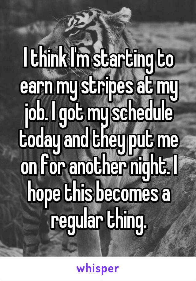 I think I'm starting to earn my stripes at my job. I got my schedule today and they put me on for another night. I hope this becomes a regular thing.