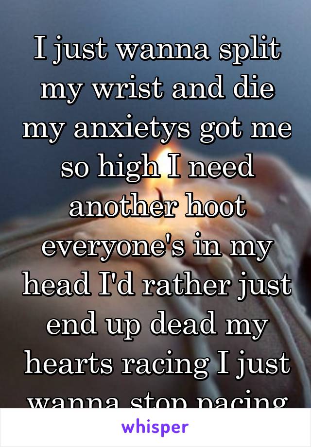 I just wanna split my wrist and die my anxietys got me so high I need another hoot everyone's in my head I'd rather just end up dead my hearts racing I just wanna stop pacing