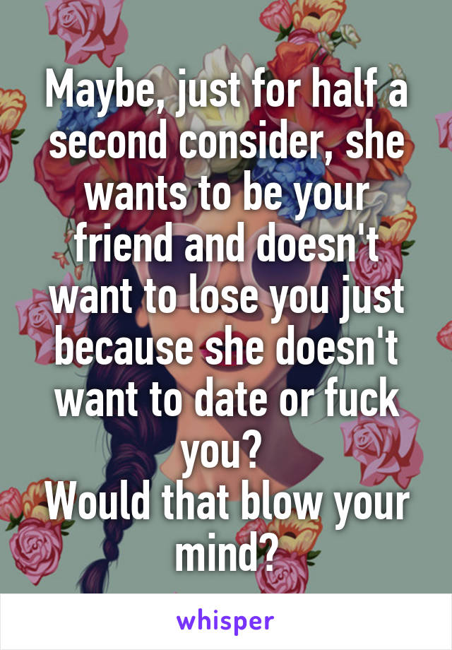 Maybe, just for half a second consider, she wants to be your friend and doesn't want to lose you just because she doesn't want to date or fuck you? 
Would that blow your mind?