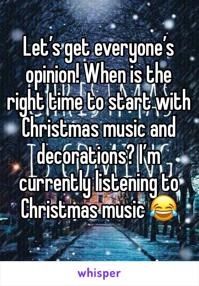 Let’s get everyone’s opinion! When is the right time to start with Christmas music and decorations? I’m currently listening to Christmas music 😂