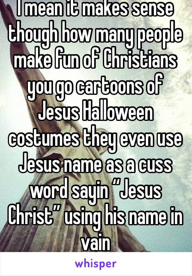 I mean it makes sense though how many people make fun of Christians you go cartoons of Jesus Halloween costumes they even use Jesus name as a cuss word sayin “Jesus Christ” using his name in vain 