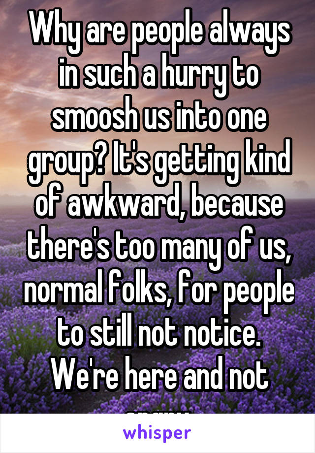 Why are people always in such a hurry to smoosh us into one group? It's getting kind of awkward, because there's too many of us, normal folks, for people to still not notice.
We're here and not angry.