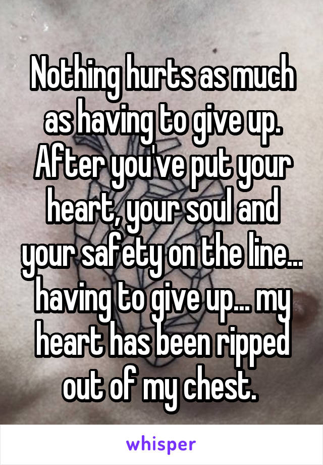 Nothing hurts as much as having to give up. After you've put your heart, your soul and your safety on the line... having to give up... my heart has been ripped out of my chest. 