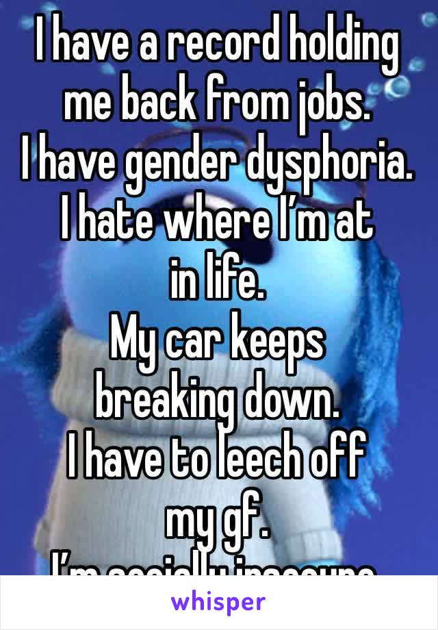 I have a record holding me back from jobs.
I have gender dysphoria.
I hate where I’m at in life.
My car keeps breaking down.
I have to leech off my gf.
I’m socially insecure. 