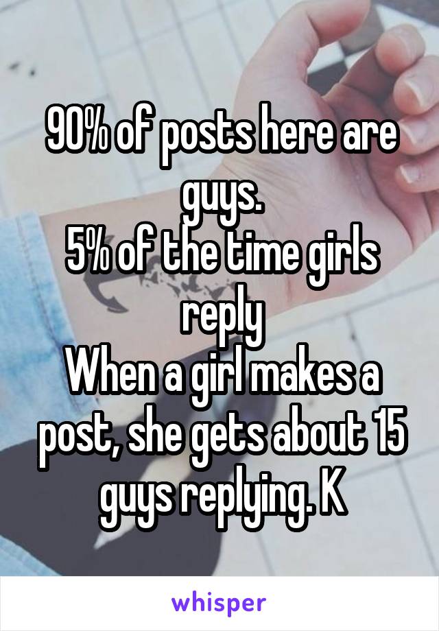 90% of posts here are guys.
5% of the time girls reply
When a girl makes a post, she gets about 15 guys replying. K