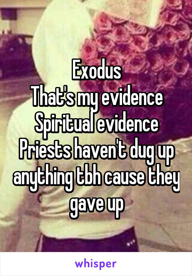 Exodus
That's my evidence
Spiritual evidence
Priests haven't dug up anything tbh cause they gave up