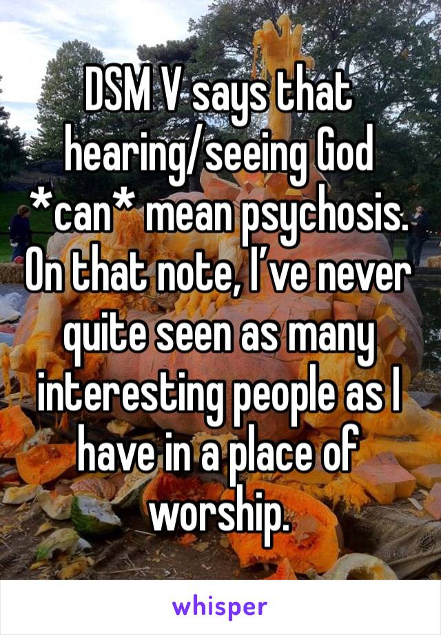 DSM V says that hearing/seeing God *can* mean psychosis. On that note, I’ve never quite seen as many interesting people as I have in a place of worship. 