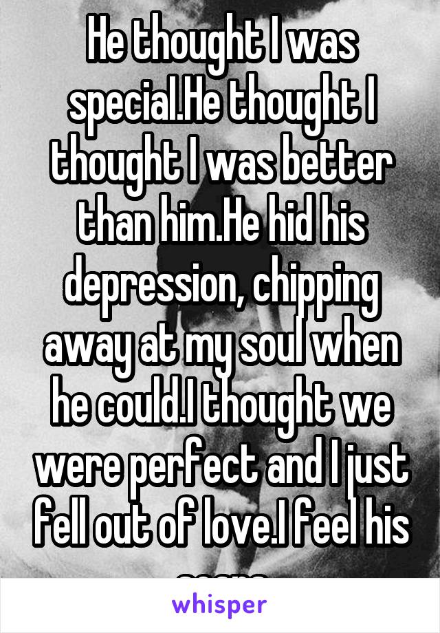 He thought I was speciaI.He thought I thought I was better than him.He hid his depression, chipping away at my soul when he could.I thought we were perfect and I just fell out of love.I feel his scars