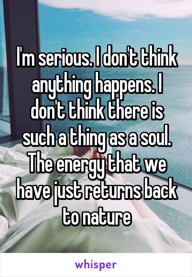 I'm serious. I don't think anything happens. I don't think there is such a thing as a soul. The energy that we have just returns back to nature