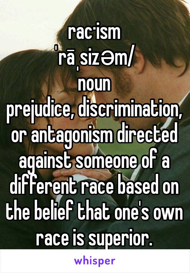 rac·ism
ˈrāˌsizəm/
noun
prejudice, discrimination, or antagonism directed against someone of a different race based on the belief that one's own race is superior.