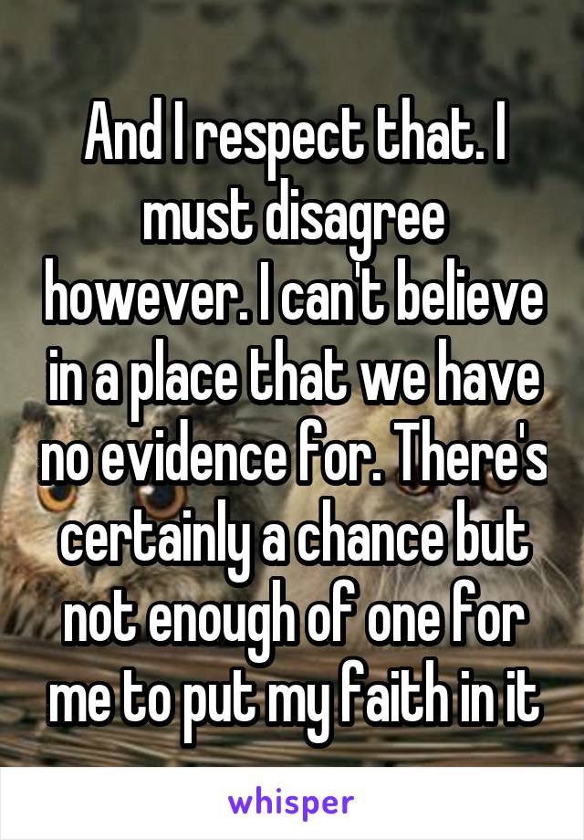 And I respect that. I must disagree however. I can't believe in a place that we have no evidence for. There's certainly a chance but not enough of one for me to put my faith in it