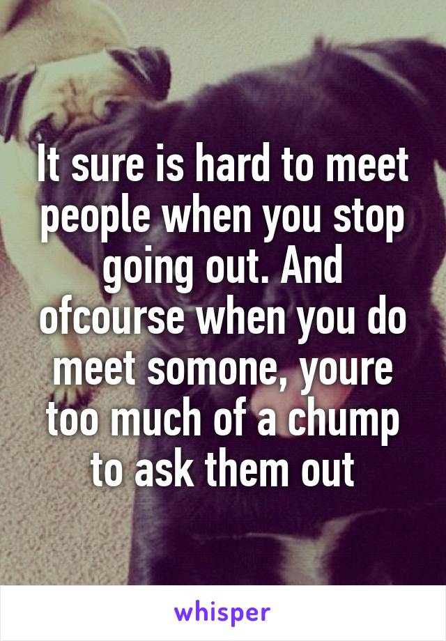 It sure is hard to meet people when you stop going out. And ofcourse when you do meet somone, youre too much of a chump to ask them out