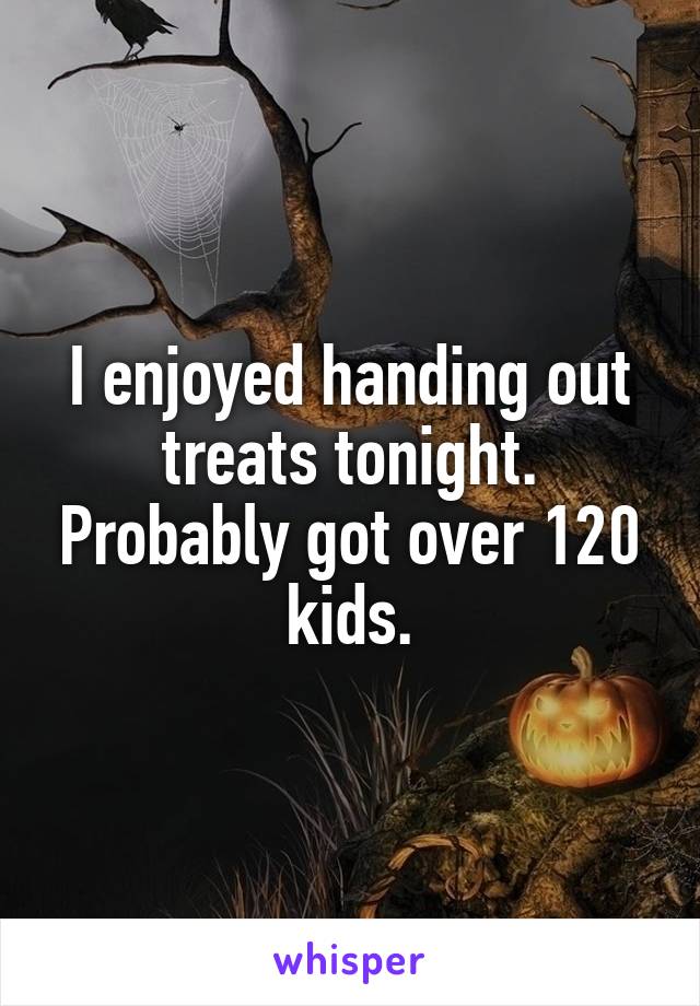 I enjoyed handing out treats tonight. Probably got over 120 kids.