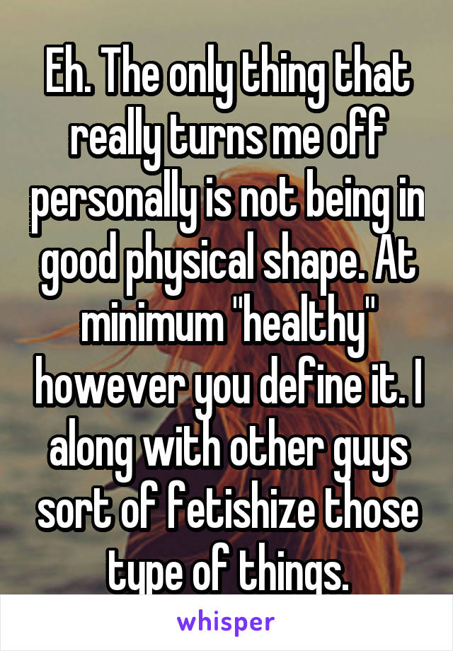 Eh. The only thing that really turns me off personally is not being in good physical shape. At minimum "healthy" however you define it. I along with other guys sort of fetishize those type of things.