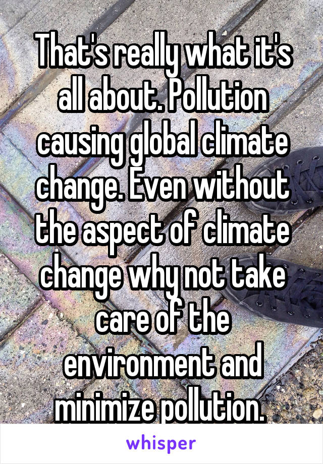 That's really what it's all about. Pollution causing global climate change. Even without the aspect of climate change why not take care of the environment and minimize pollution. 