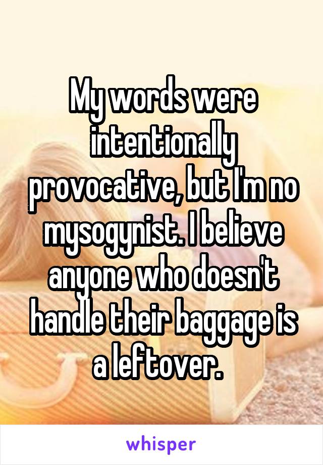 My words were intentionally provocative, but I'm no mysogynist. I believe anyone who doesn't handle their baggage is a leftover.  