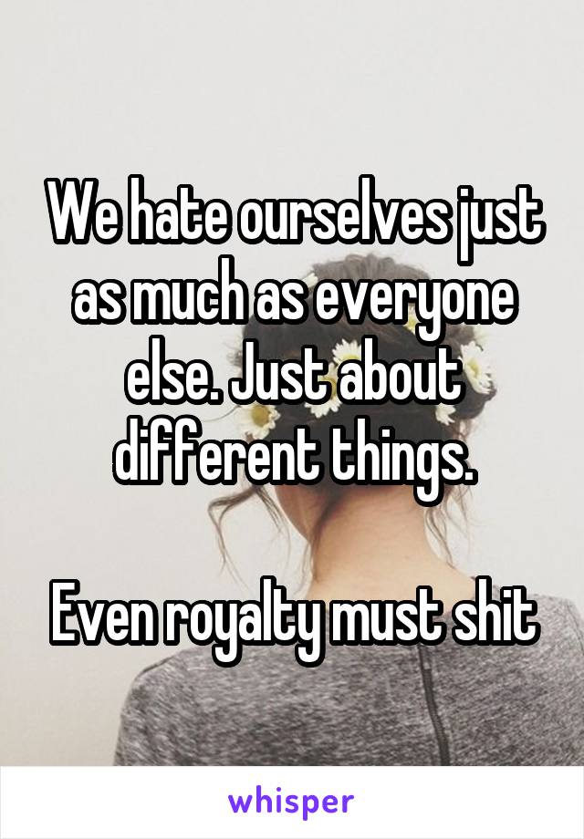 We hate ourselves just as much as everyone else. Just about different things.

Even royalty must shit