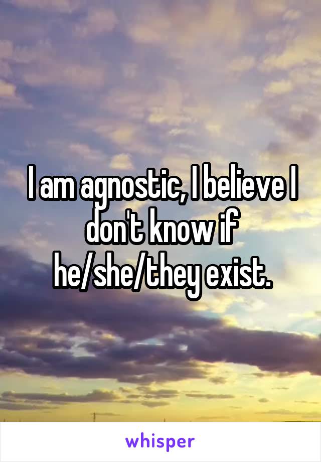 I am agnostic, I believe I don't know if he/she/they exist.