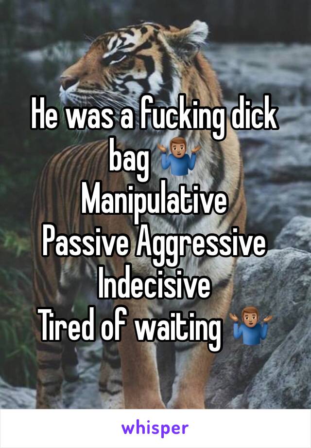 He was a fucking dick bag 🤷🏽‍♂️ 
Manipulative
Passive Aggressive
Indecisive 
Tired of waiting 🤷🏽‍♂️