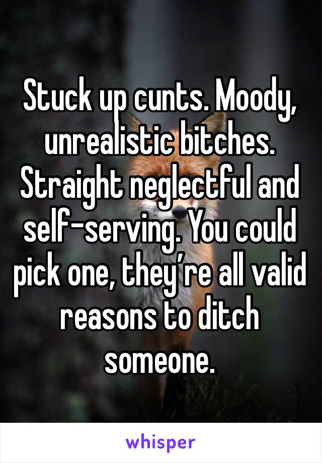 Stuck up cunts. Moody, unrealistic bitches. Straight neglectful and self-serving. You could pick one, they’re all valid reasons to ditch someone.