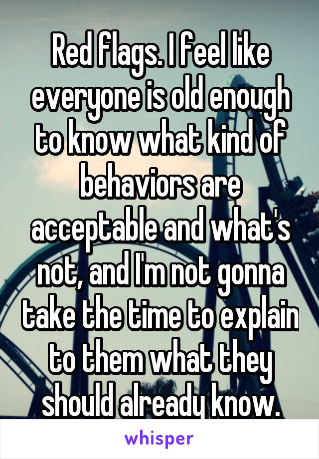 Red flags. I feel like everyone is old enough to know what kind of behaviors are acceptable and what's not, and I'm not gonna take the time to explain to them what they should already know.