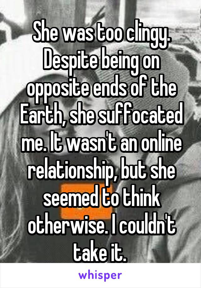 She was too clingy. Despite being on opposite ends of the Earth, she suffocated me. It wasn't an online relationship, but she seemed to think otherwise. I couldn't take it. 