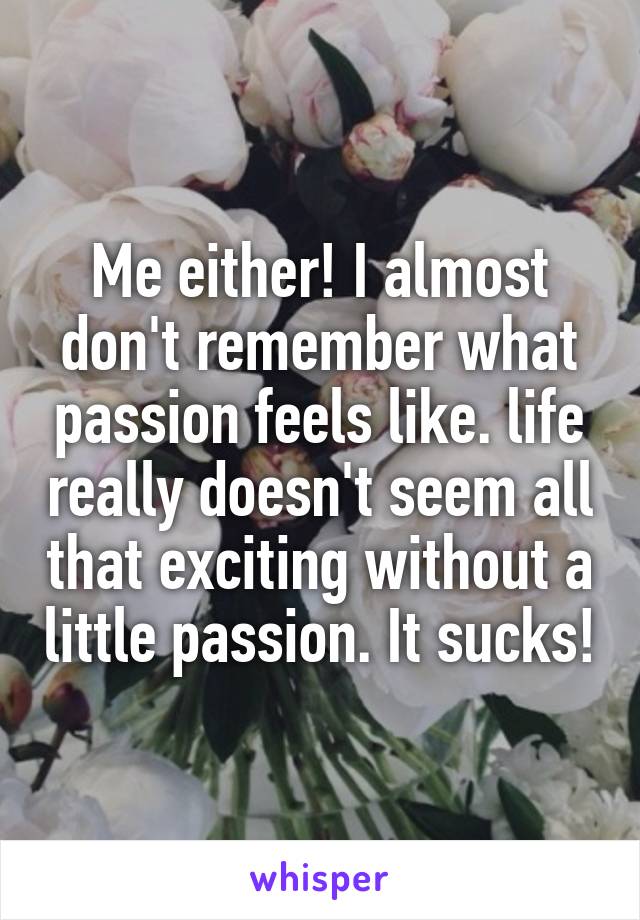 Me either! I almost don't remember what passion feels like. life really doesn't seem all that exciting without a little passion. It sucks!