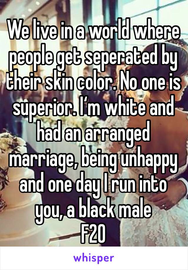 We live in a world where people get seperated by their skin color. No one is superior. I‘m white and had an arranged marriage, being unhappy and one day I run into you, a black male
F20