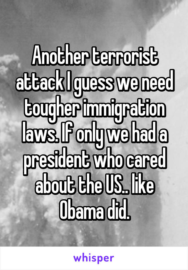 Another terrorist attack I guess we need tougher immigration laws. If only we had a president who cared about the US.. like Obama did.