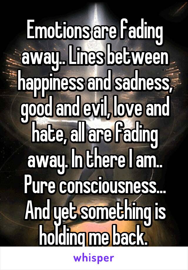 Emotions are fading away.. Lines between happiness and sadness, good and evil, love and hate, all are fading away. In there I am.. Pure consciousness... And yet something is holding me back. 