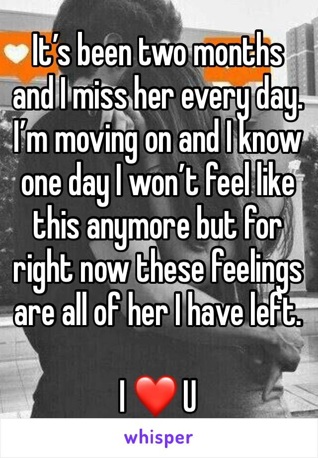 It’s been two months and I miss her every day.  I’m moving on and I know one day I won’t feel like this anymore but for right now these feelings are all of her I have left.

I ❤️ U