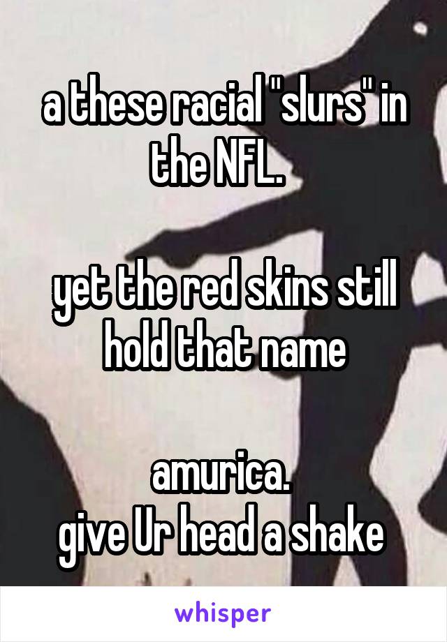 a these racial "slurs" in the NFL.  

yet the red skins still hold that name

amurica. 
give Ur head a shake 