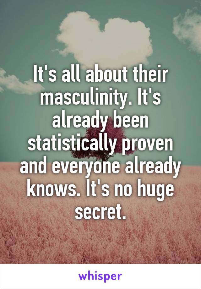It's all about their masculinity. It's already been statistically proven and everyone already knows. It's no huge secret.