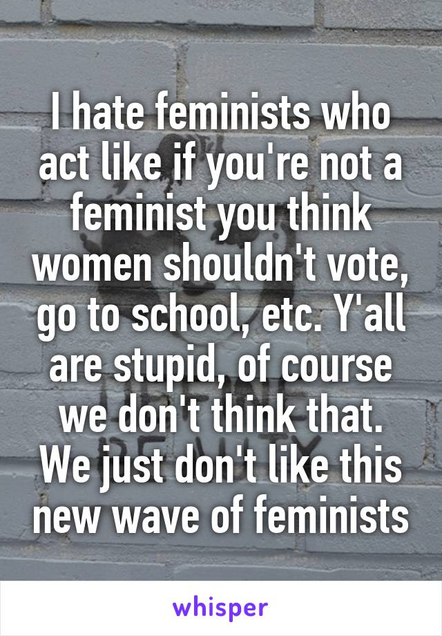 I hate feminists who act like if you're not a feminist you think women shouldn't vote, go to school, etc. Y'all are stupid, of course we don't think that. We just don't like this new wave of feminists