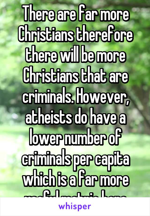 There are far more Christians therefore there will be more Christians that are criminals. However, atheists do have a lower number of criminals per capita which is a far more useful metric here
