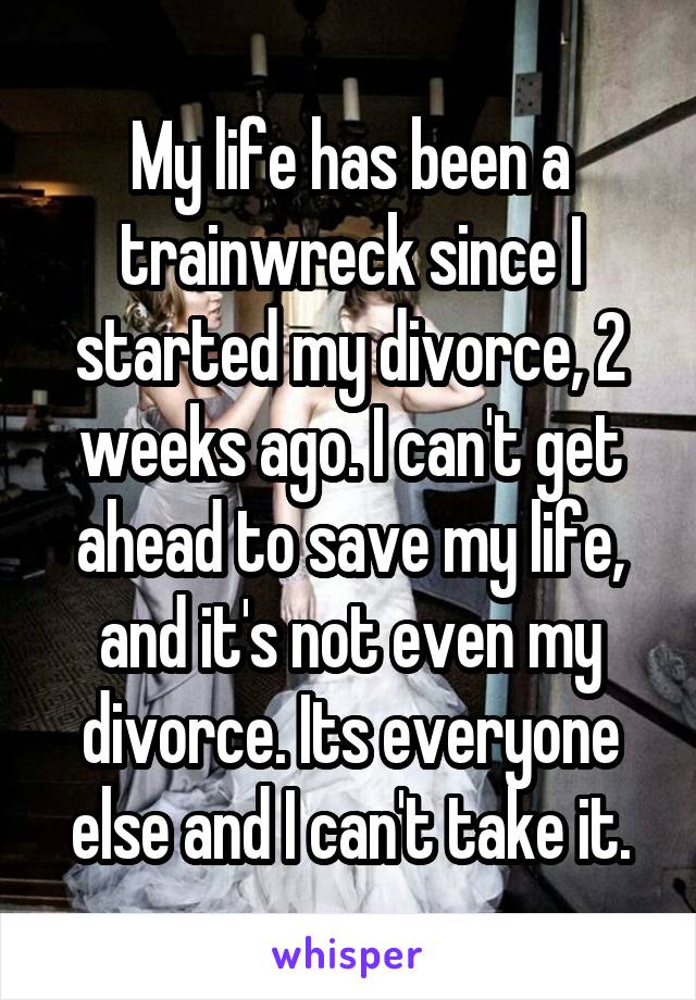 My life has been a trainwreck since I started my divorce, 2 weeks ago. I can't get ahead to save my life, and it's not even my divorce. Its everyone else and I can't take it.
