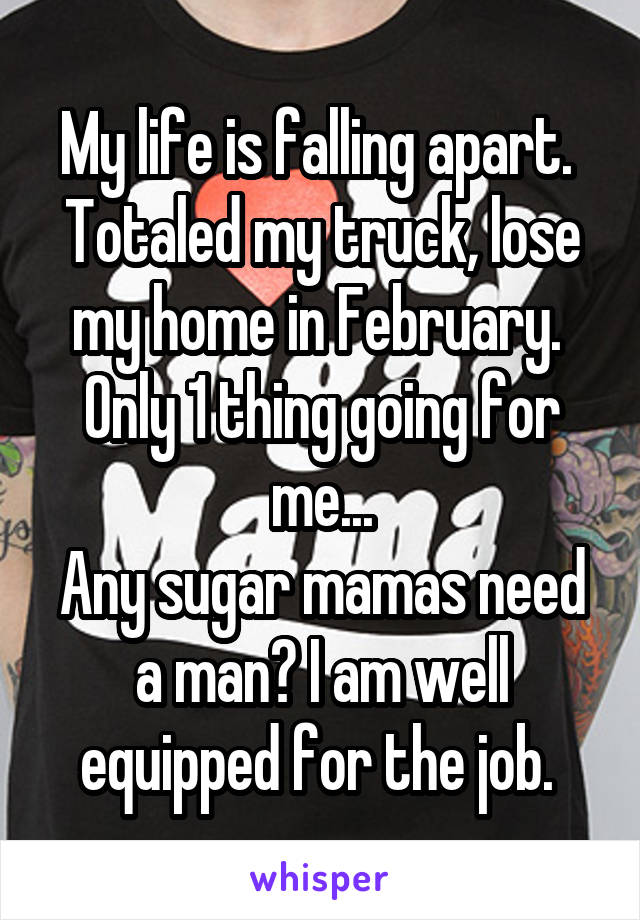 My life is falling apart. 
Totaled my truck, lose my home in February. 
Only 1 thing going for me...
Any sugar mamas need a man? I am well equipped for the job. 