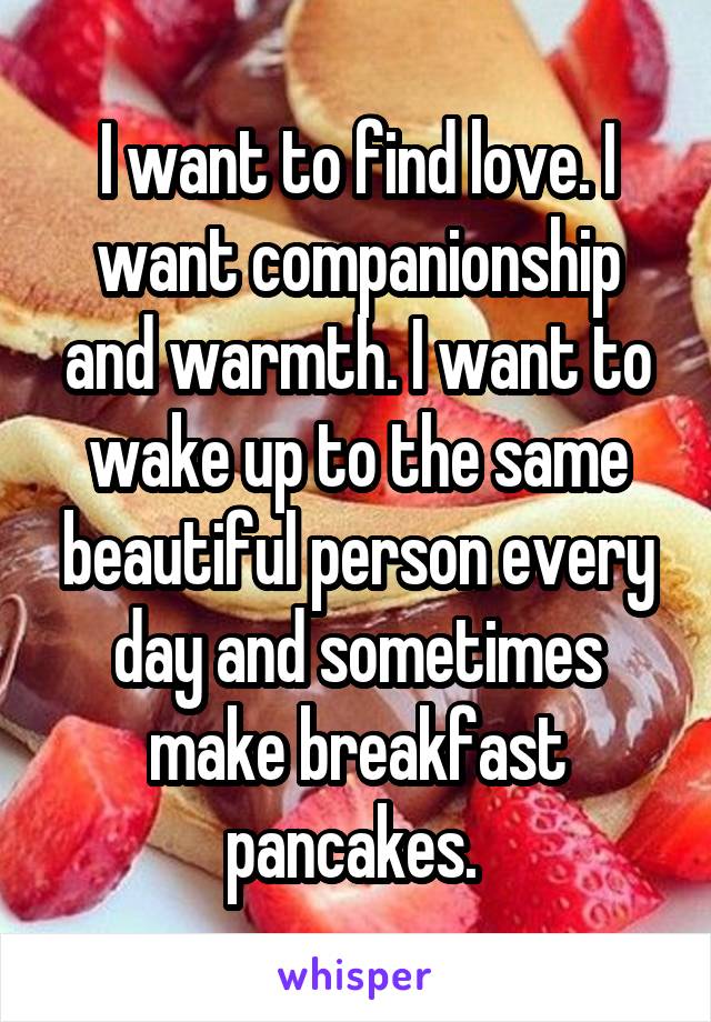 I want to find love. I want companionship and warmth. I want to wake up to the same beautiful person every day and sometimes make breakfast pancakes. 