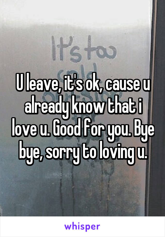 U leave, it's ok, cause u already know that i love u. Good for you. Bye bye, sorry to loving u.
