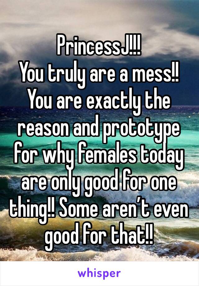 PrincessJ!!! 
You truly are a mess!! You are exactly the reason and prototype for why females today are only good for one thing!! Some aren’t even good for that!! 