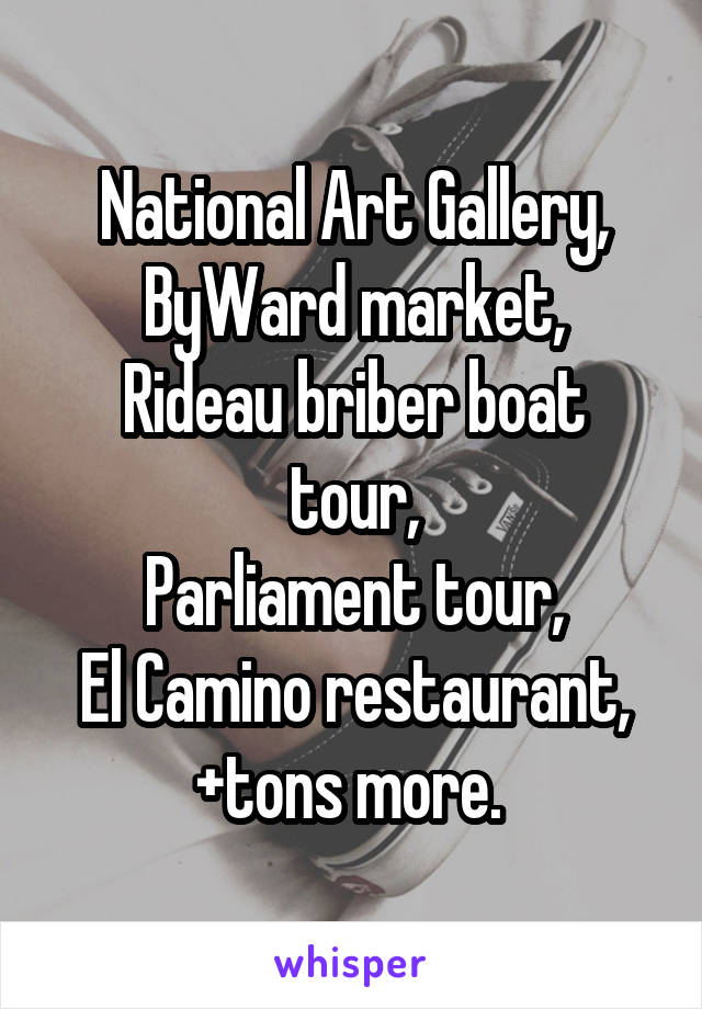 National Art Gallery,
ByWard market,
Rideau briber boat tour,
Parliament tour,
El Camino restaurant,
+tons more. 